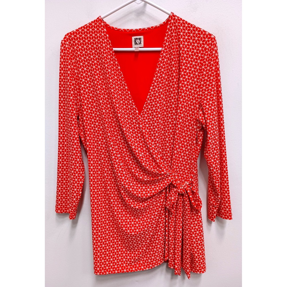 Anne Klein Faux Wrap Top Womens Large Red Geometric Long Sleeve V-Neck Tie Side